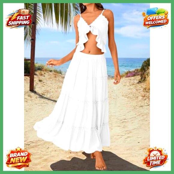 Boho Maxi Skirt Elastic High Waist A-Line Dress with Pockets Trendy Vacation - Picture 5 of 6